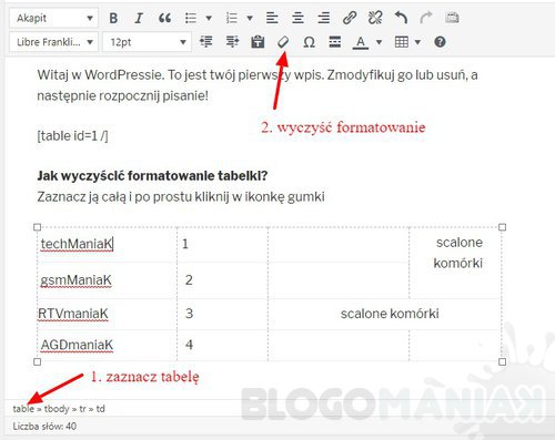 Jak wyczyścić formatowanie tabeli w WordPress?